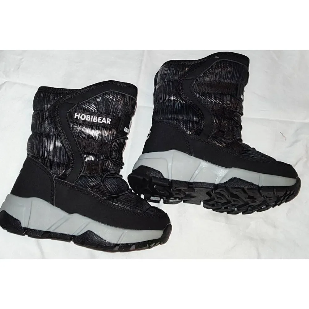 New HOBIBEAR BOY/GIRL SNOW BOOTS BLACK/GRAY CAMOUFLAGE FAUX FUR LINED US SIZE 9.